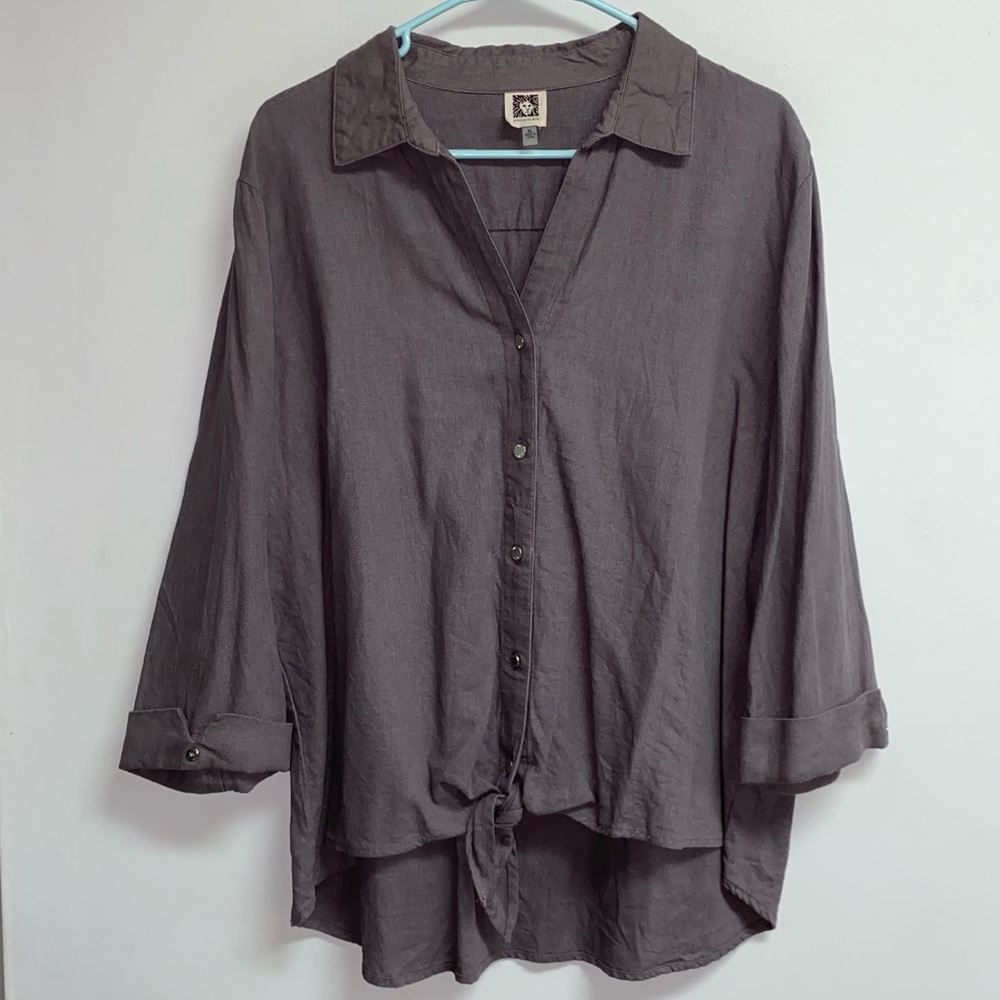 Anne Klein Charcoal Gray Button-Front Tie Hem Blouse